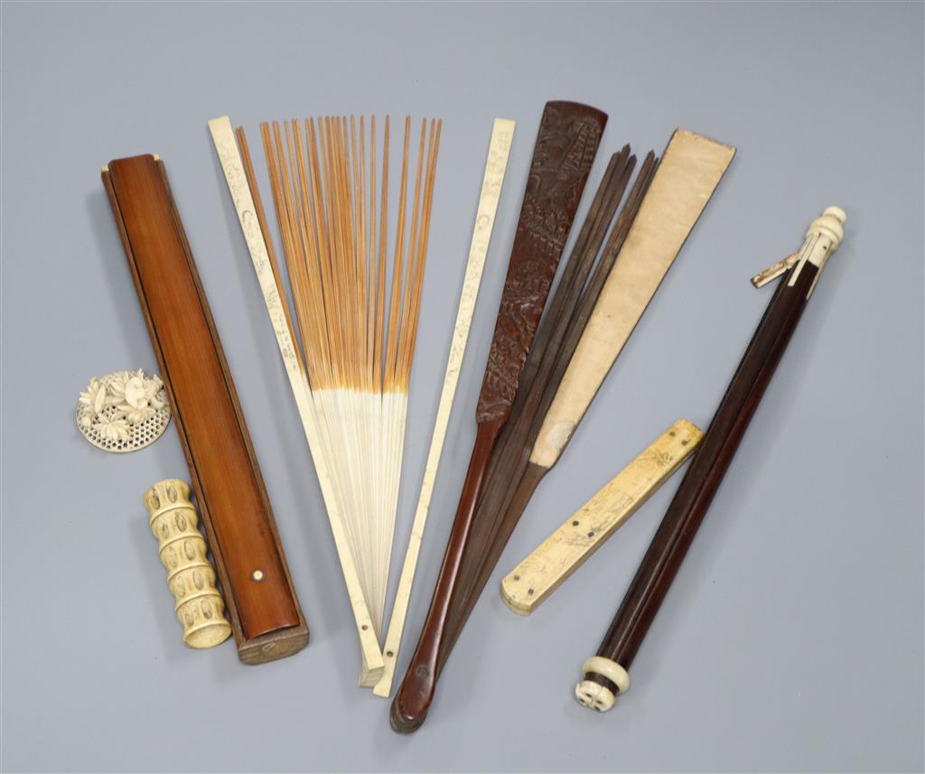 A Chinese bamboo fan, ivory items etc